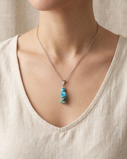 Silver Stacked Raw Turquoise Chip Stone Pendant Necklace