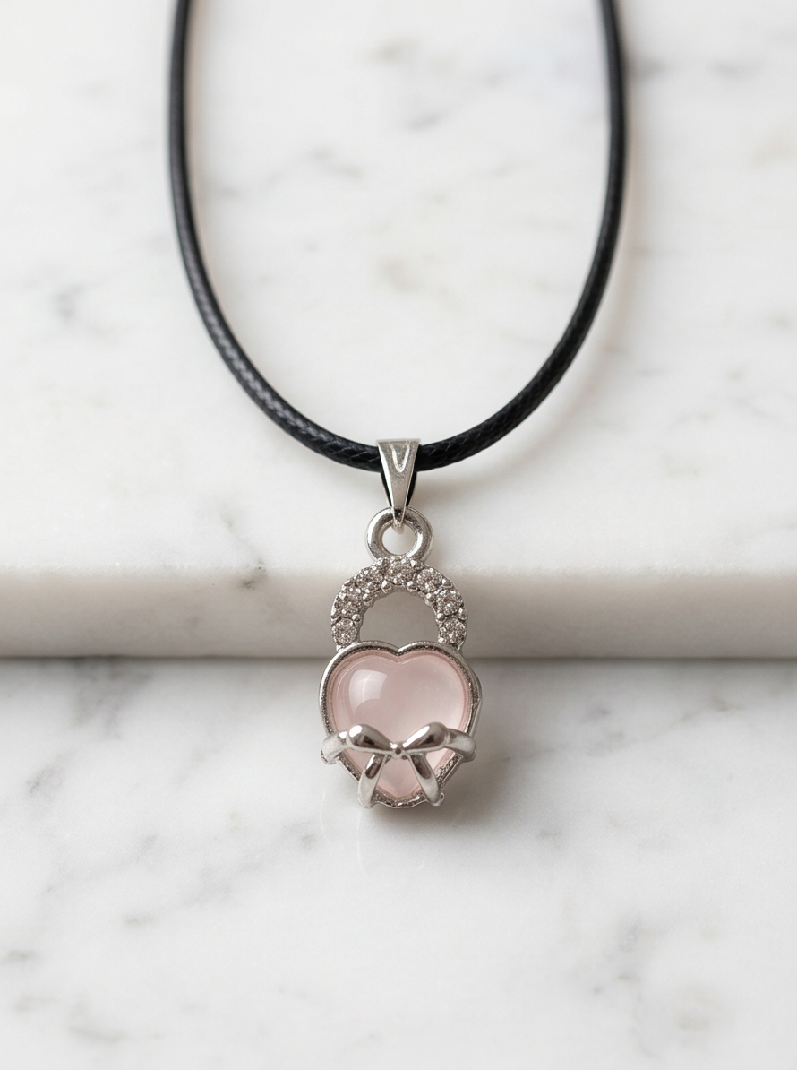 Pink Quartz Heart Bow Lock Pendant Necklace