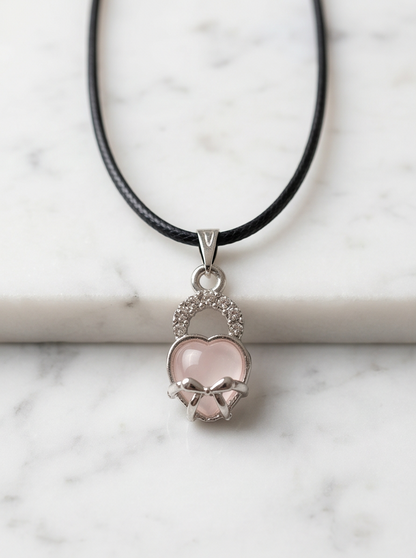 Pink Quartz Heart Bow Lock Pendant Necklace