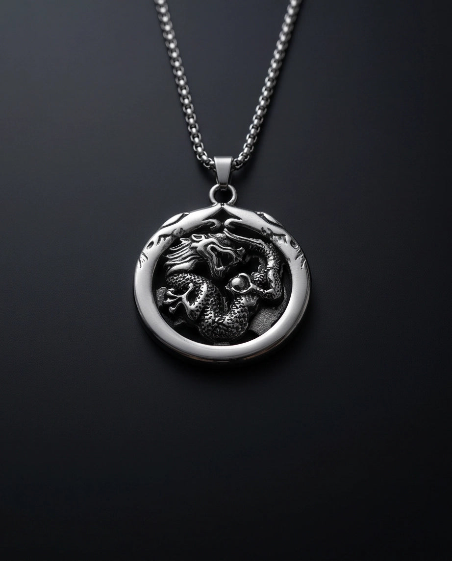 Silver Circular Dragon Medallion Pendant Necklace