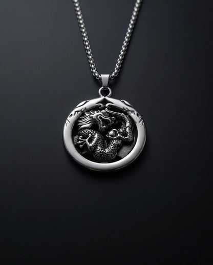 Silver Circular Dragon Medallion Pendant Necklace