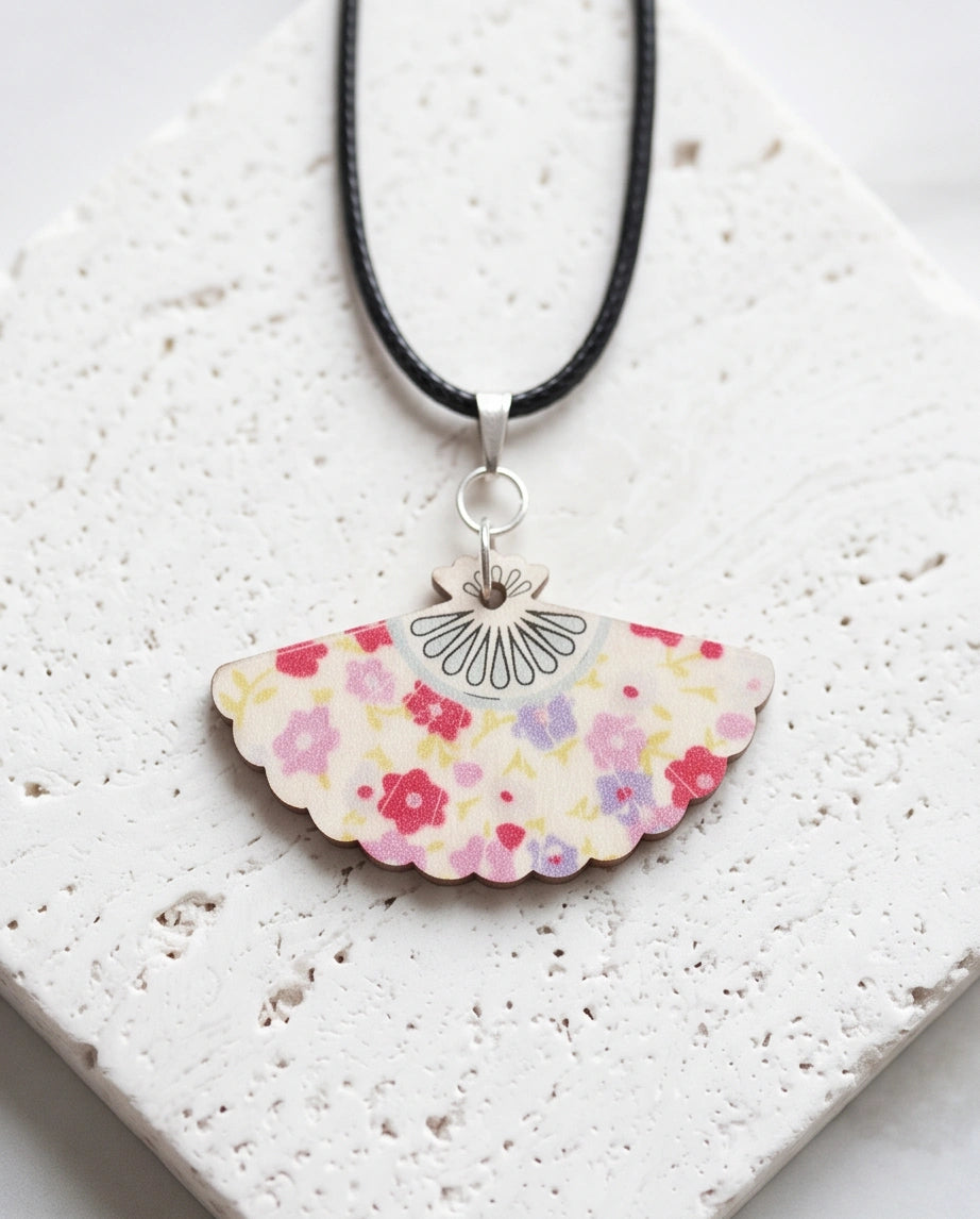 Vintage Pastel Pink Floral Hand-Fan Pendant Necklace