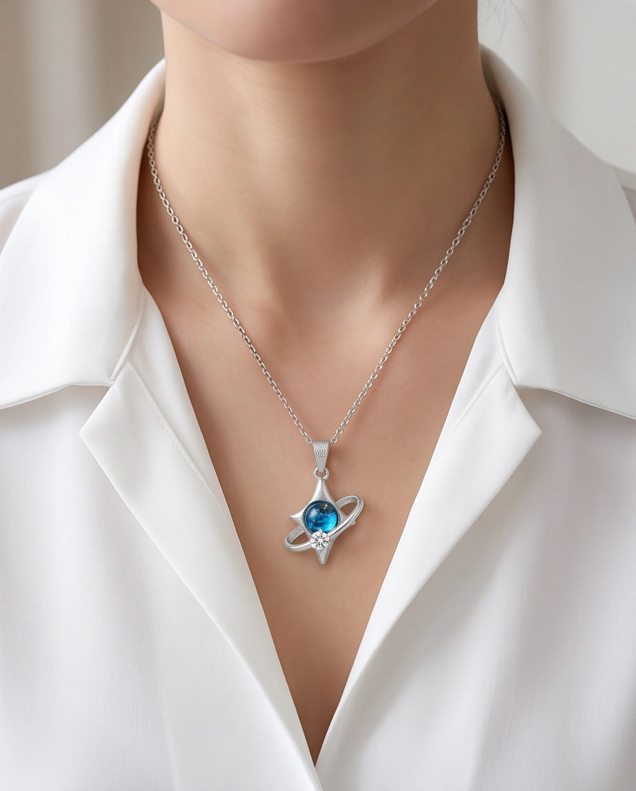 Silver Cosmic Four-Point Star Planet Ring Pendant Necklace