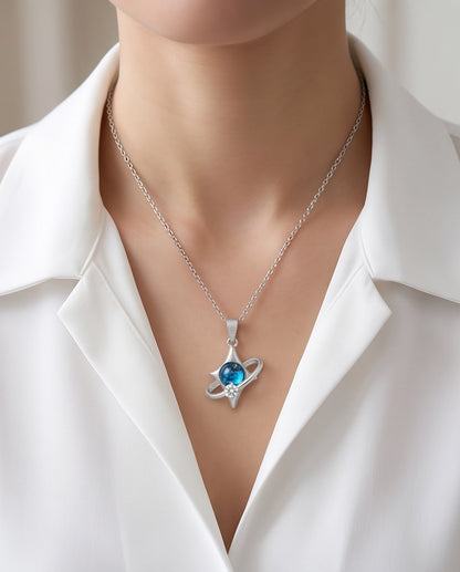 Silver Cosmic Four-Point Star Planet Ring Pendant Necklace