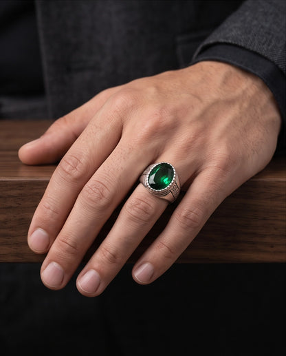 Emerald Gemstone Notched Bezel Geometric Diamond Silver Ring