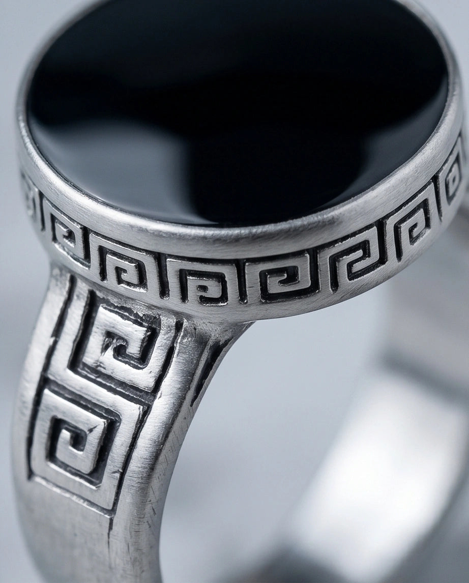Minimalist Greek Key Onyx Signet Ring