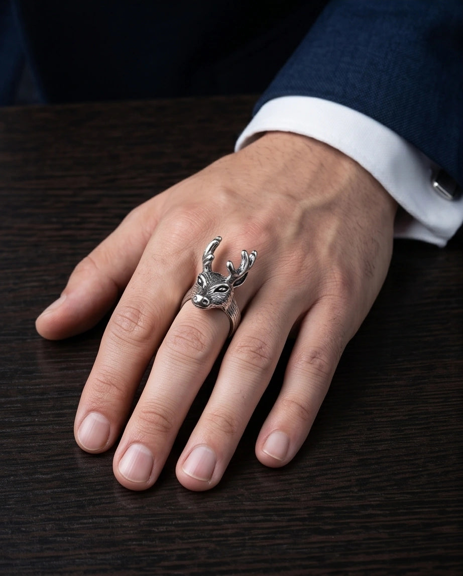 Vintage Silver Oxidized Stag Deer Antler Statement Ring