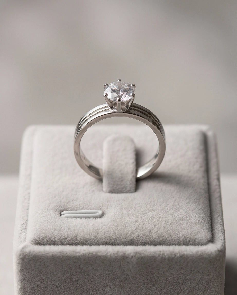 Silver Round Gemstone Grooved Solitaire Ring