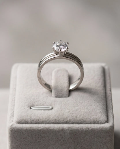 Silver Round Gemstone Grooved Solitaire Ring