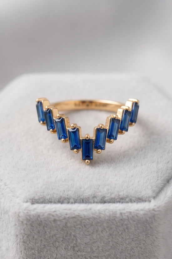 Gold Plated Blue Sapphire Baguette Tiara Ring
