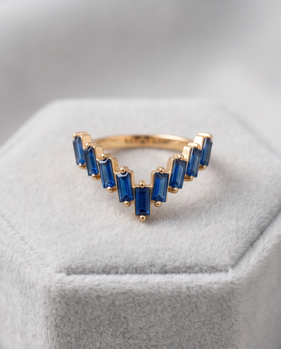 Gold Plated Blue Sapphire Baguette Tiara Ring