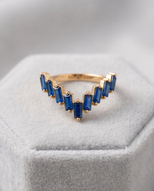Gold Plated Blue Sapphire Baguette Tiara Ring