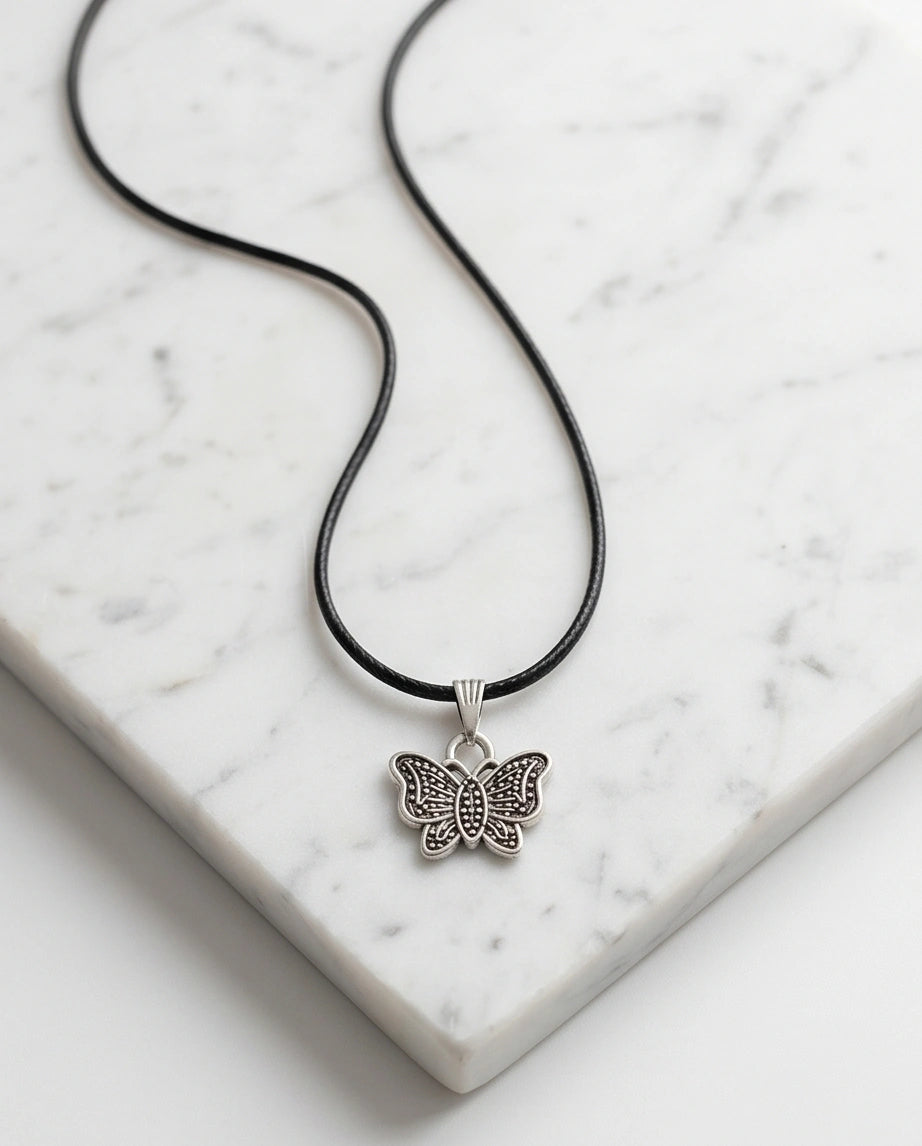 Silver Textured Butterfly Pendant Necklace
