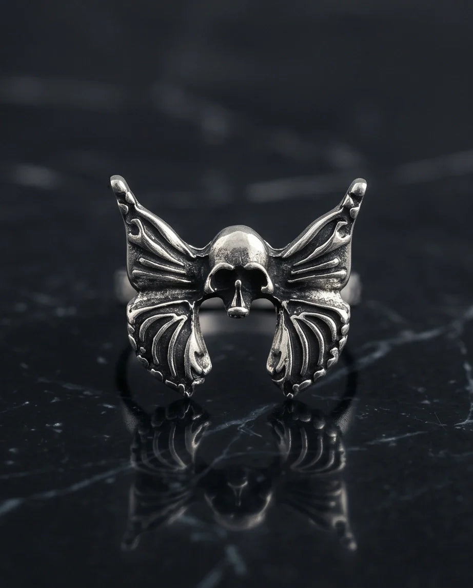 Gothic Sterling Silver Skull Butterfly Ring