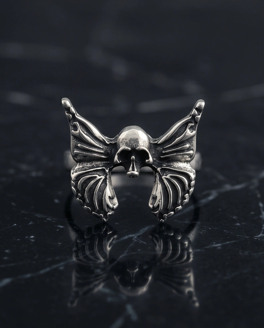 Gothic Sterling Silver Skull Butterfly Ring
