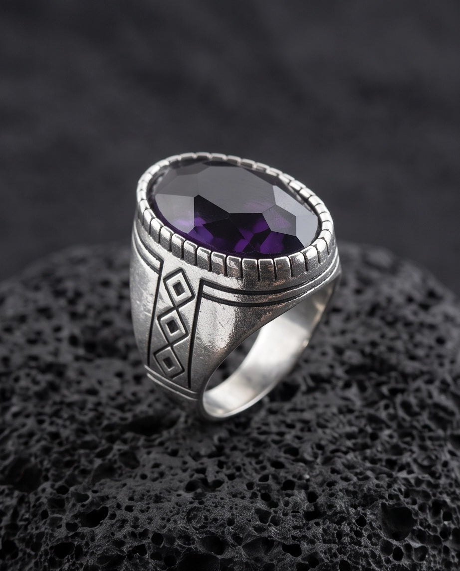 Amethyst Gemstone Notched Bezel Geometric Diamond Silver Ring