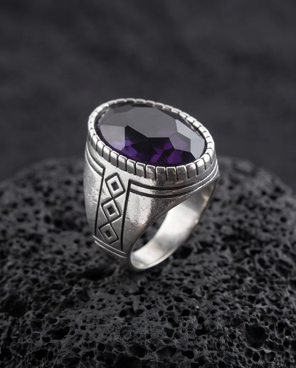 Amethyst Gemstone Notched Bezel Geometric Diamond Silver Ring