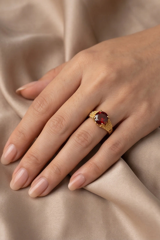 Golden Crimson Botanical Blossom Ring