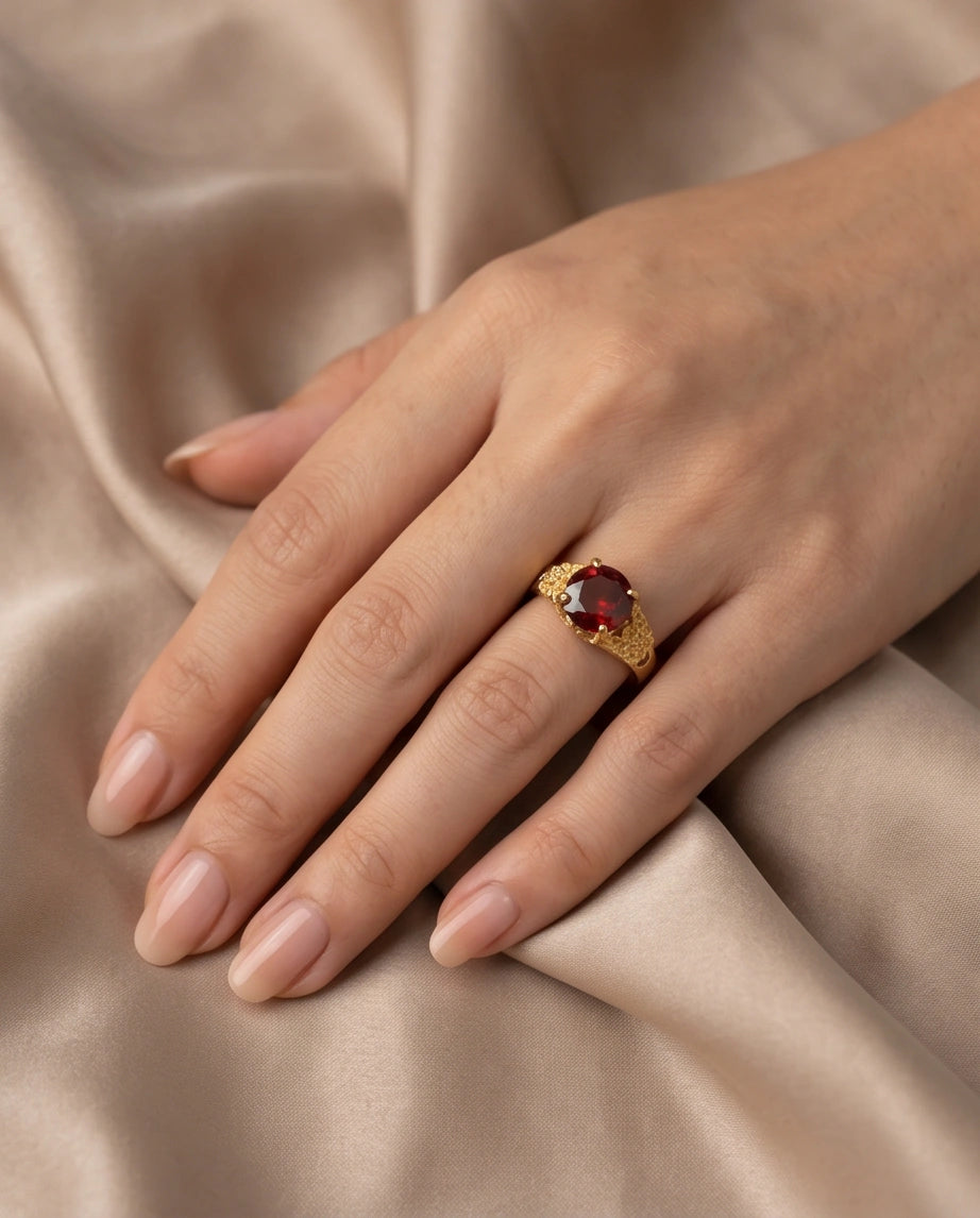 Golden Crimson Botanical Blossom Ring