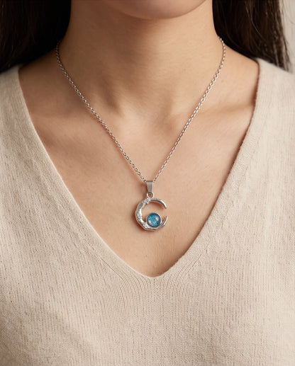Silver Hammered Crescent Moon Blue Opal Orb Pendant Necklace