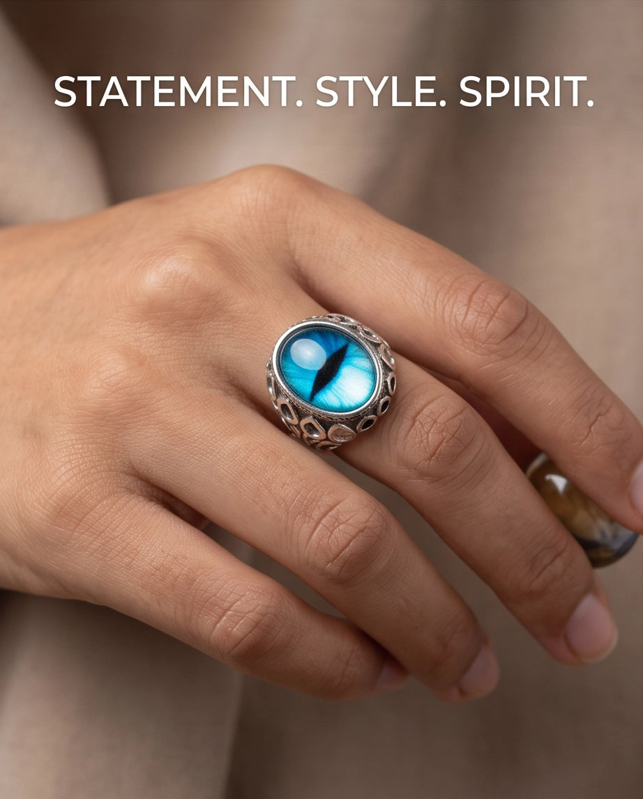 Azure Teardrop Filigree Slit-Pupil Silver Ring