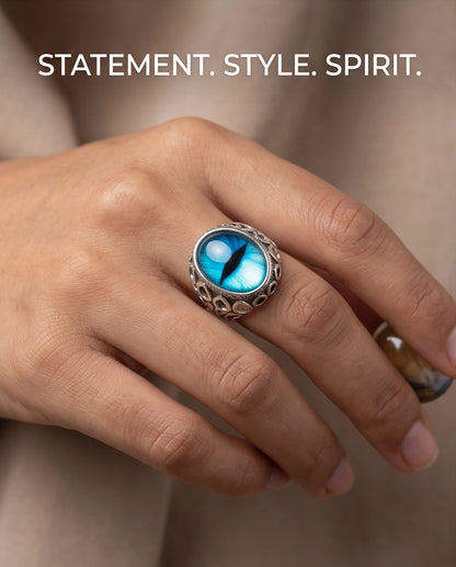 Azure Teardrop Filigree Slit-Pupil Silver Ring