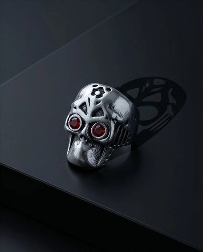 Ruby-Eyed Mechanical Mask Skull Ring