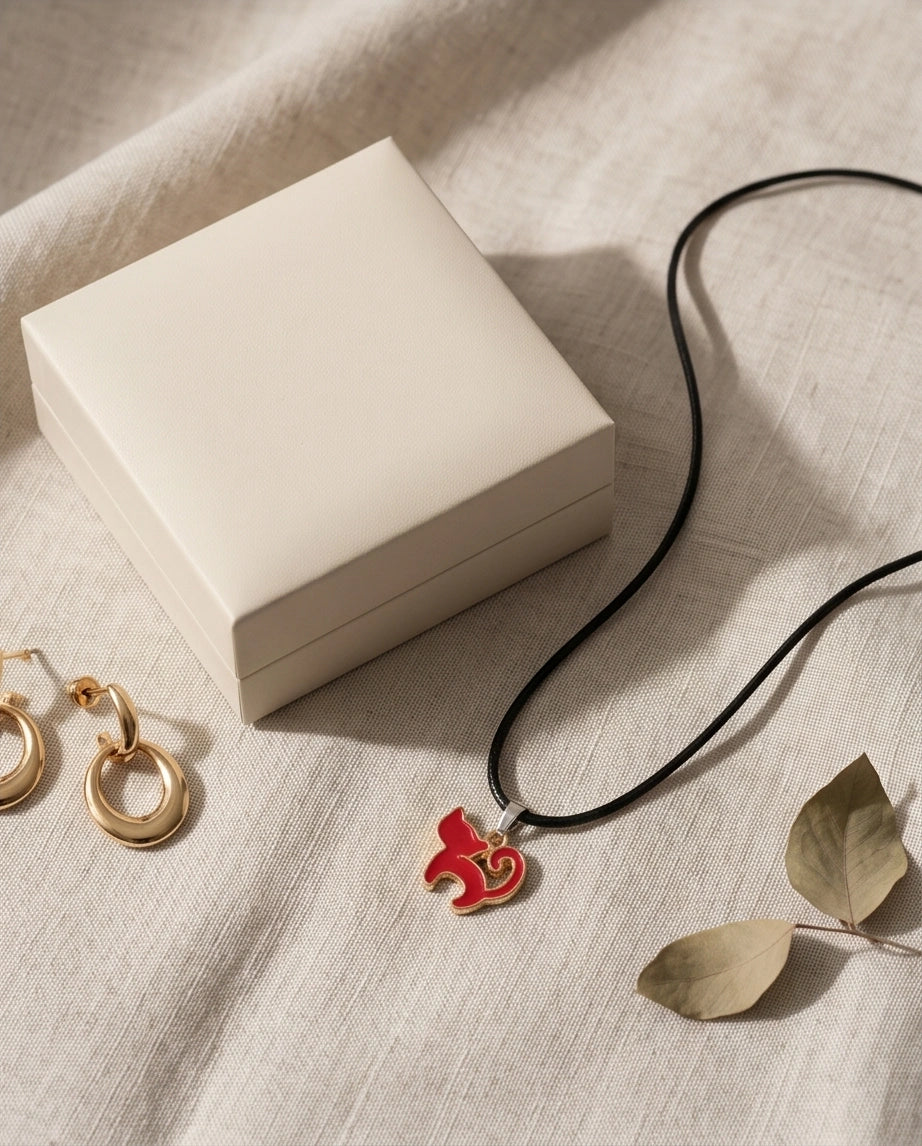 Gold and Red Cat Pendant Necklace