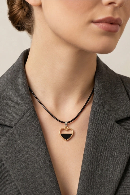 Gold Half-Black Enamel Heart Necklace