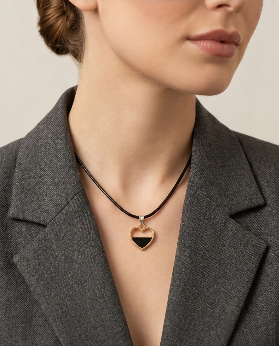 Gold Half-Black Enamel Heart Necklace