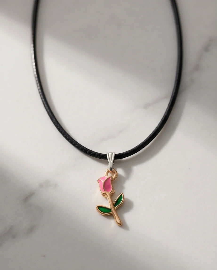 Gold and Pink Rose Pendant Necklace