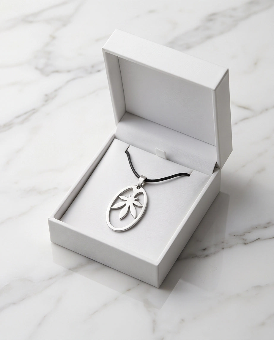 Brushed Silver Leaf Oval Cord Necklace