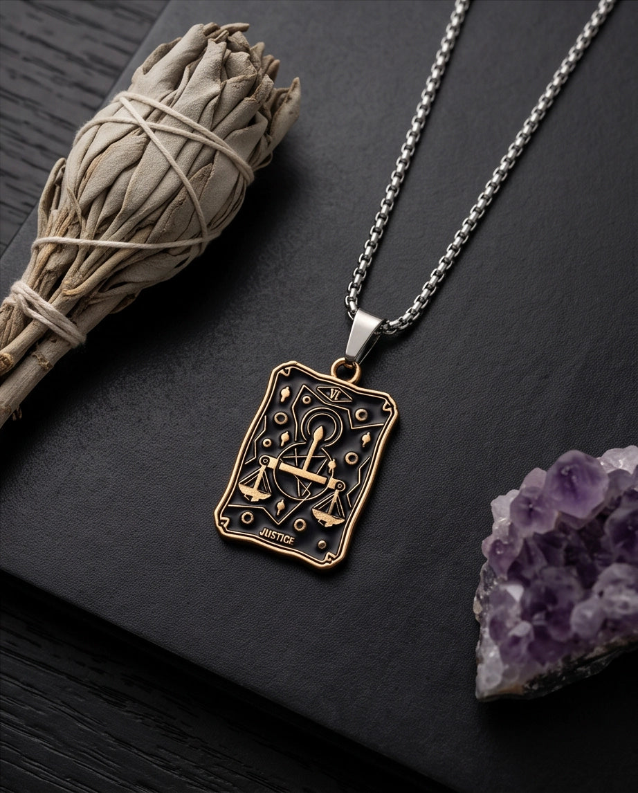 Gold "Justice" Tarot Card Pendant Necklace