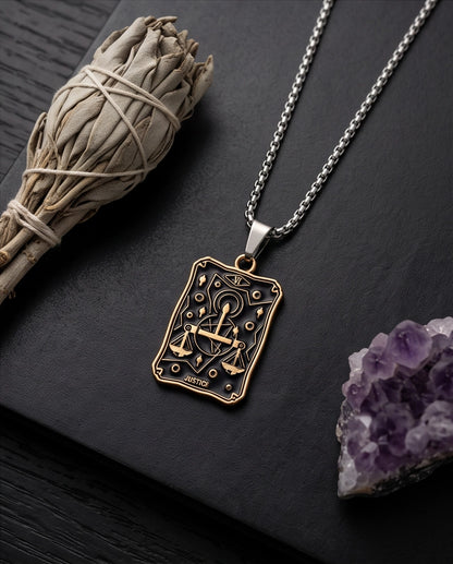 Gold "Justice" Tarot Card Pendant Necklace