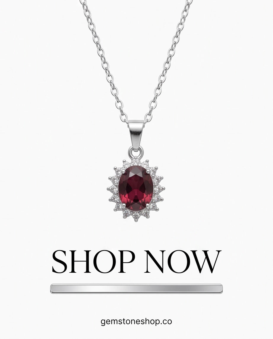 Silver Ruby Red Oval Halo Medallion Pendant Necklace