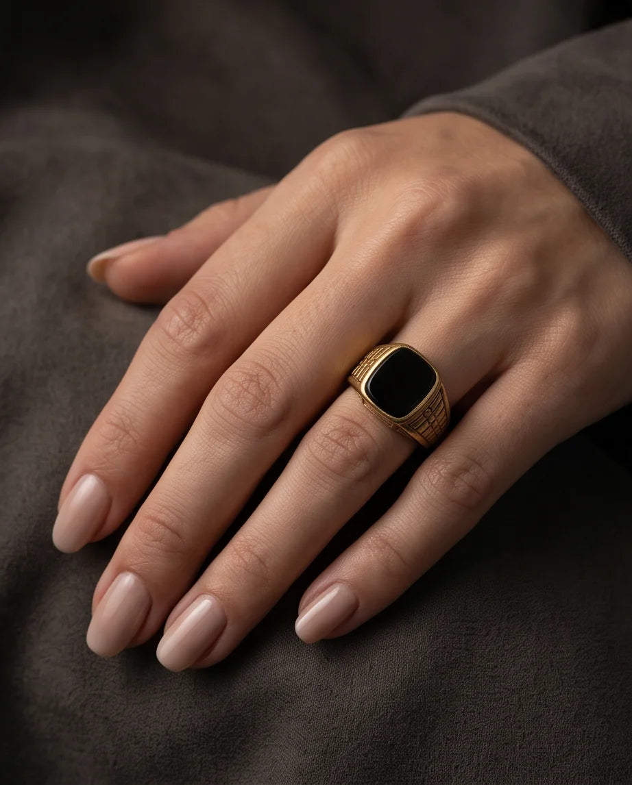 Onyx-Style Cushion Cabochon Geometric Block Gold Ring