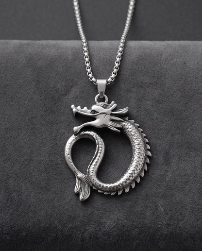 Silver Coiled Ouroboros Dragon Pendant Necklace