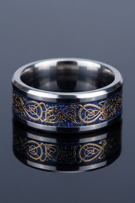 Blue Glitter Celtic Dragon Knot Band Ring