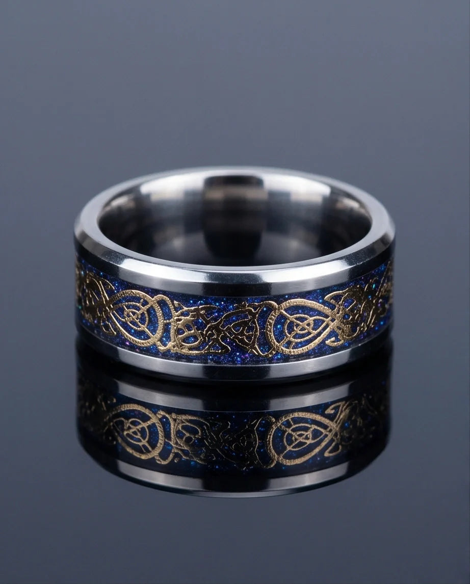 Blue Glitter Celtic Dragon Knot Band Ring
