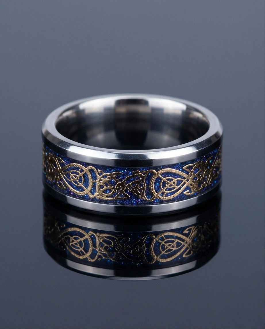 Blue Glitter Celtic Dragon Knot Band Ring