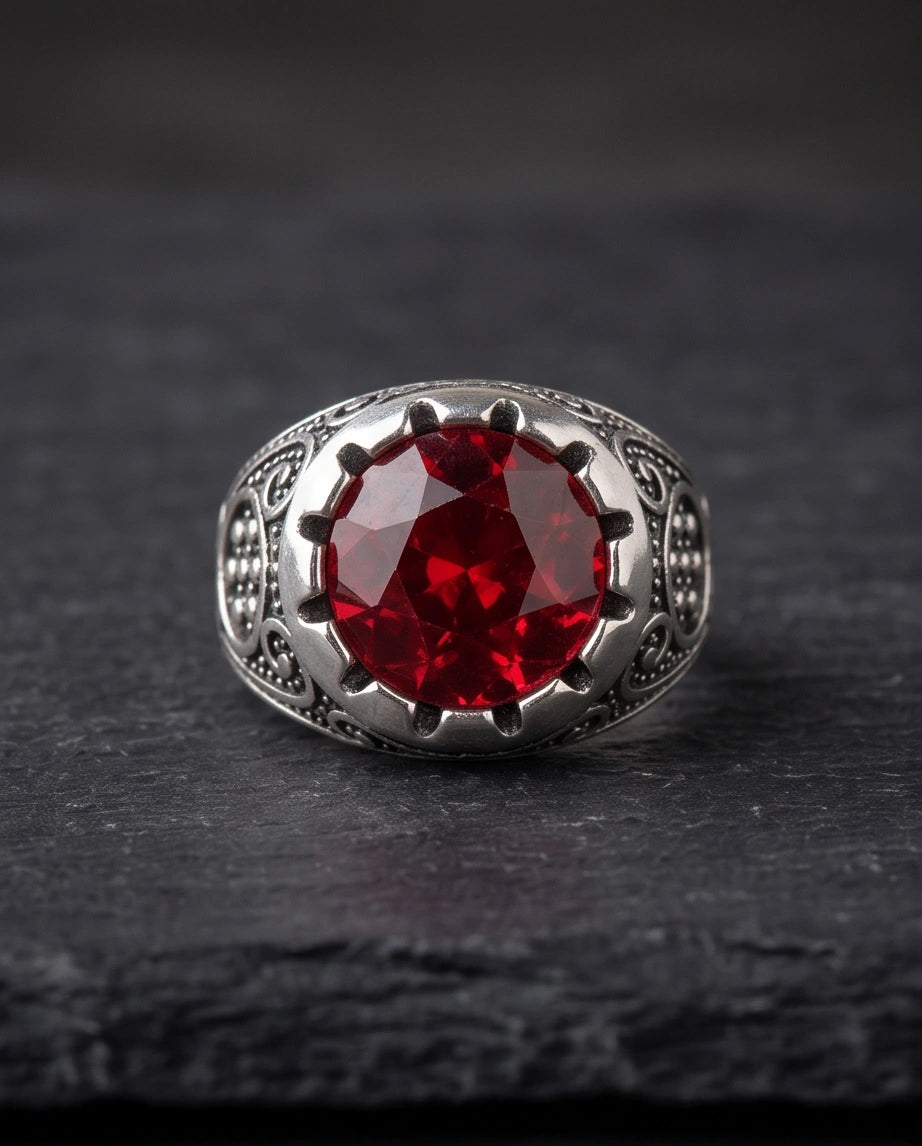 Crimson Monarch Silver Signet Ring