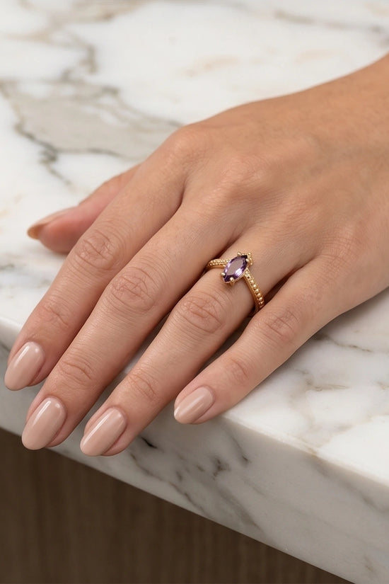 "Amethyst Aura" – Marquise Cut Gold Ring