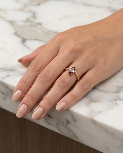 "Amethyst Aura" – Marquise Cut Gold Ring