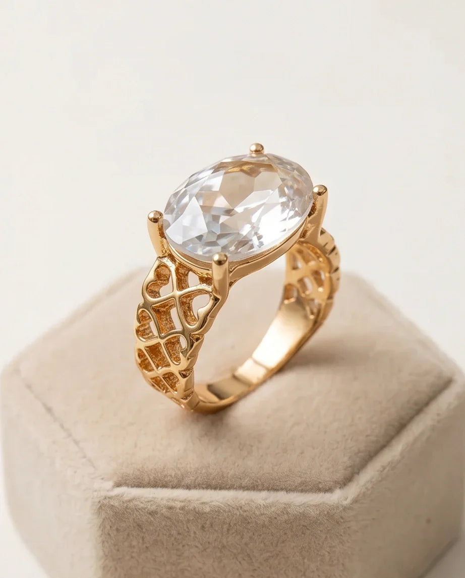 Gold Plated Clear Crystal Filigree Heart Ring