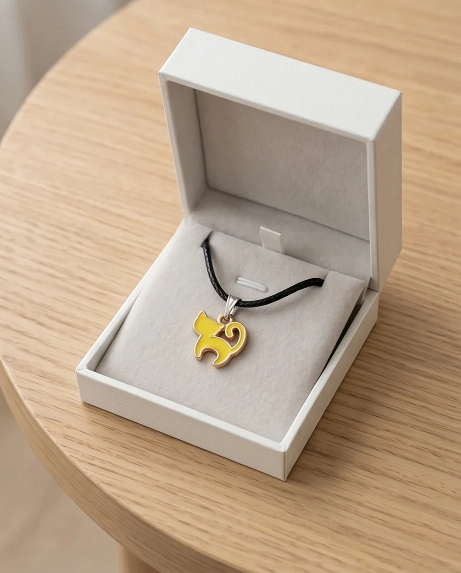 Playful Yellow Cat Enamel Pendant Necklace