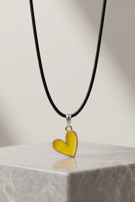 Vibrant Yellow Beaded-Edge Heart Enamel Pendant Necklace