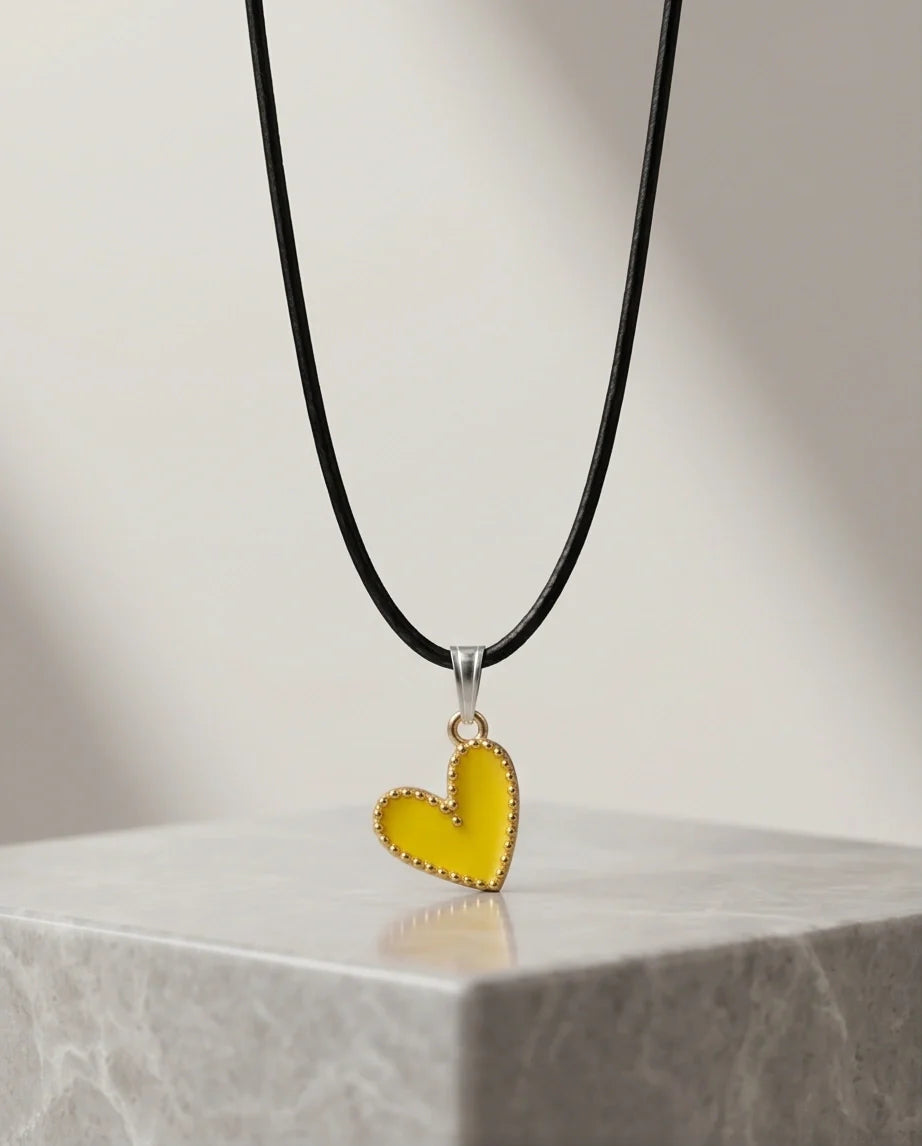Vibrant Yellow Beaded-Edge Heart Enamel Pendant Necklace