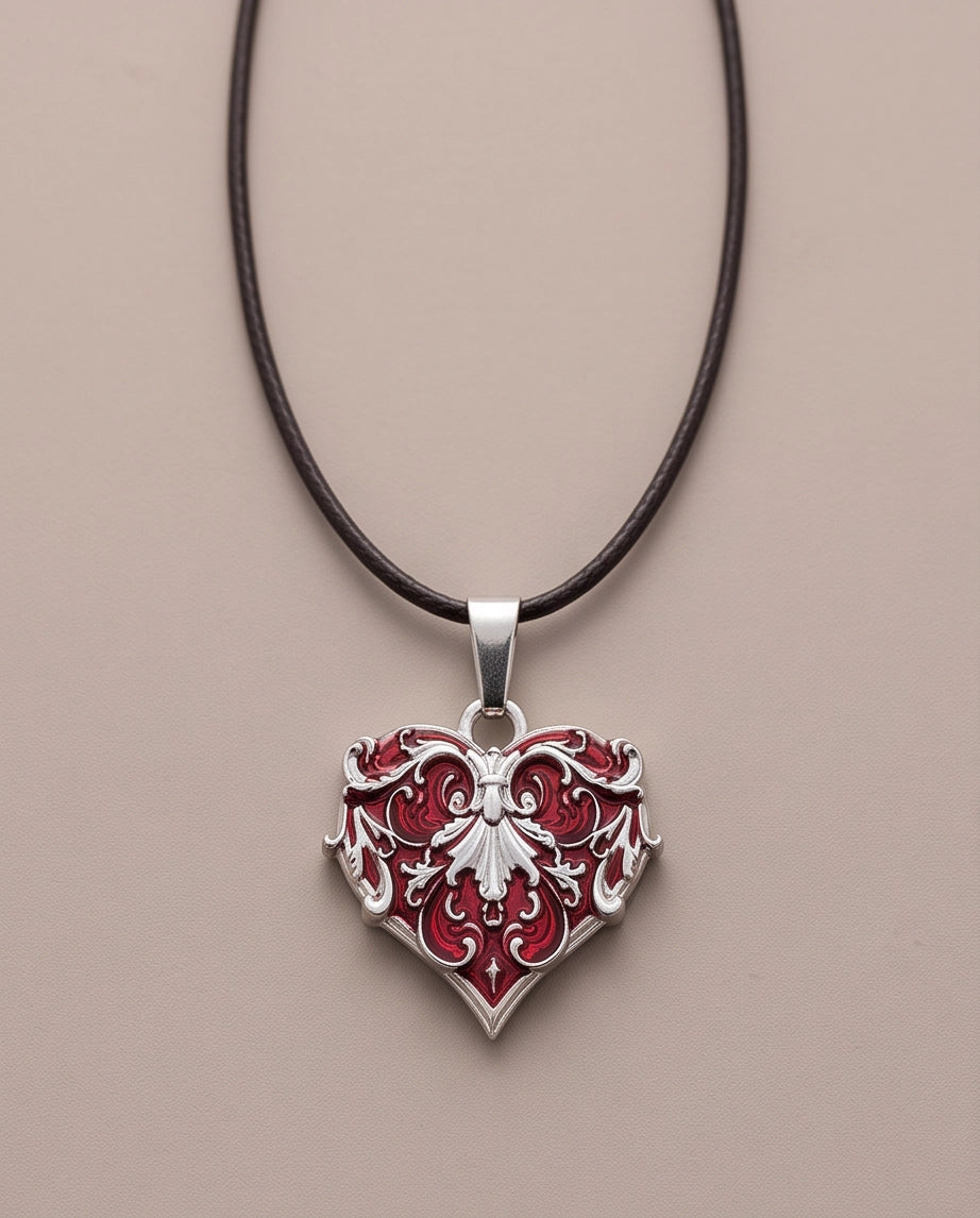 Silver Red Enamel Filigree Heart Pendant Necklace
