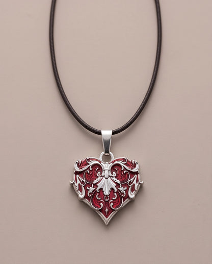 Silver Red Enamel Filigree Heart Pendant Necklace