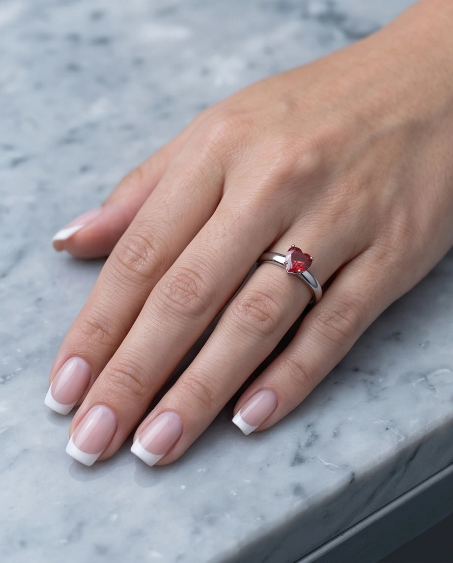 Sterling Silver Heart-Cut Red Garnet Solitaire Ring